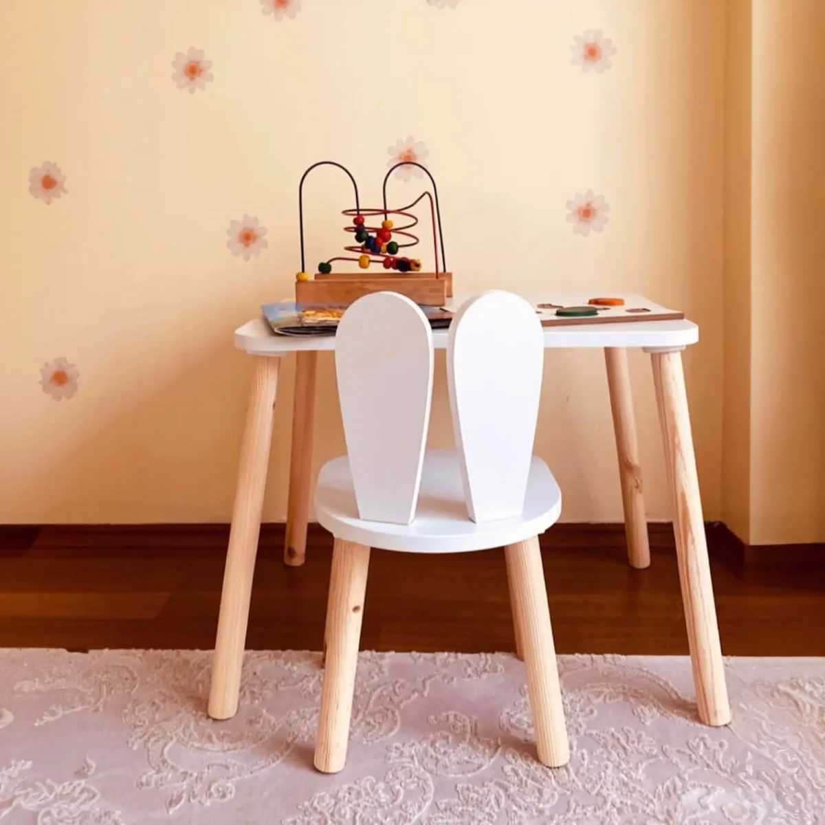 Cozy Collections montessori dining set children Play table Children s table with 2 Chairs nordic white rabbit 3