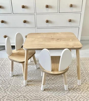 High quality Montessori wooden table and white rabbit ears 2 chairs for children rabbit chair gift for children activity table 1