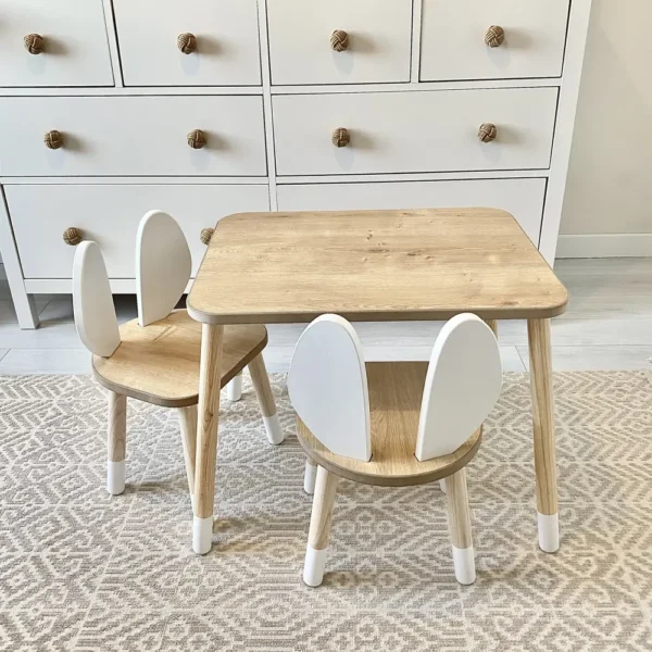 High quality Montessori wooden table and white rabbit ears 2 chairs for children rabbit chair gift for children activity table 1