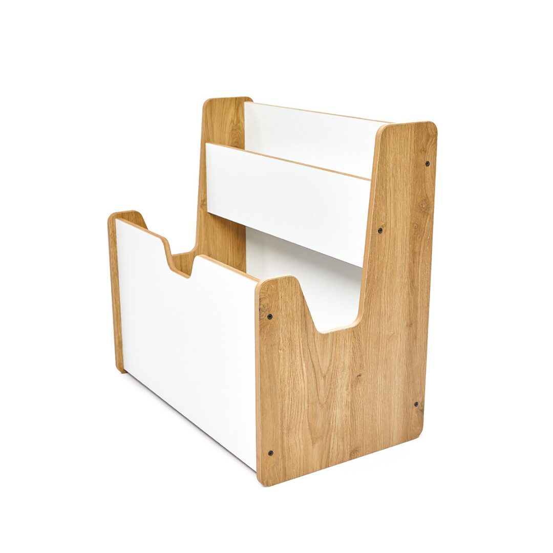 2-in-1 Montessori speelgoedkist en boekenrek van natuurhout en wit met draaggrepen - galeriefoto 2 | Cozy Collections