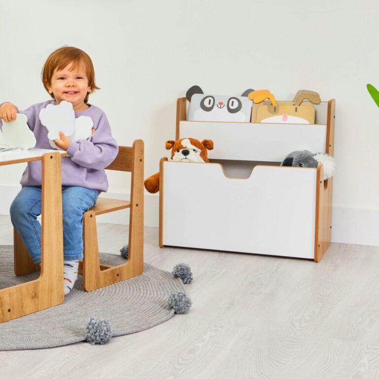 Bibliothèque Coffre à Jouets 2-en-1 Montessori – Bois Naturel et Blanc avec Poignées de Transport | Cozy Collections
