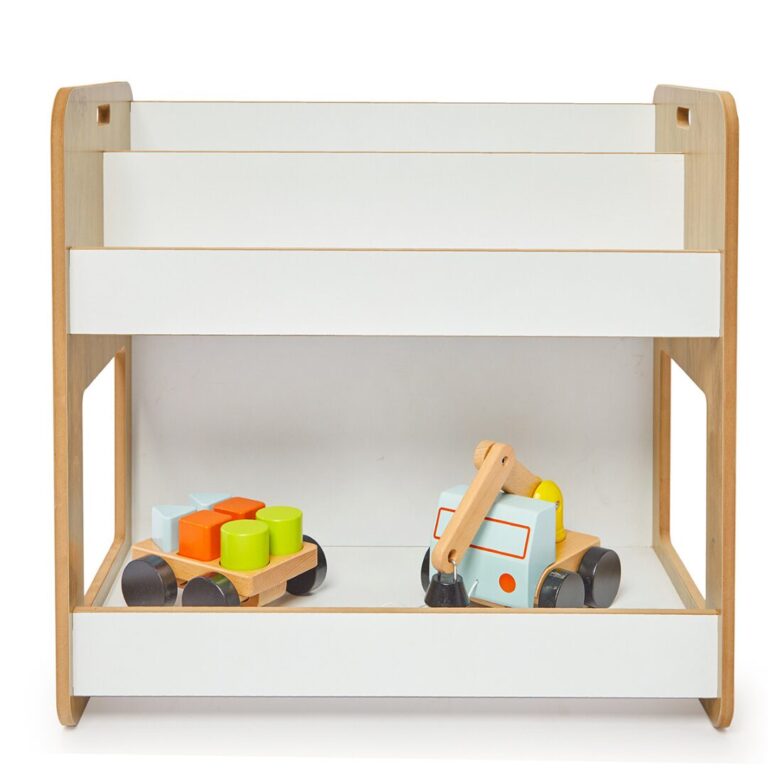 Bibliothèque Porte-Livres Dove 2 Niveaux – Bois Naturel et Blanc avec Poignées de Transport Montessori | Cozy Collections