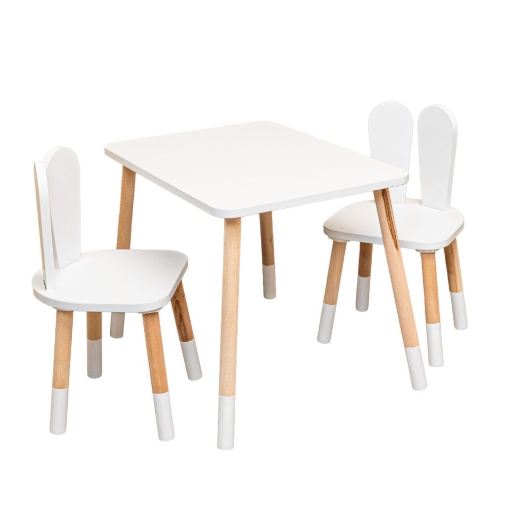 Ensemble Table et 2 Chaises Lapin Blanc en Bois Naturel | Montessori | Cozy Collections