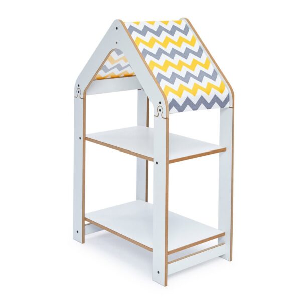 Witte huisjeskast met 2 niveaus | Montessori boekenrek met geel-wit chevrondak - productafbeelding | Cozy Collections