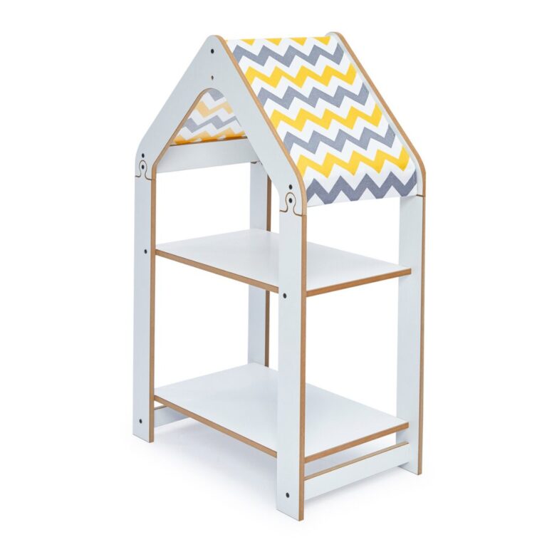 Étagère Maison 2 Niveaux Blanc – Bibliothèque Montessori avec Toit Chevron Jaune et Blanc | Cozy Collections