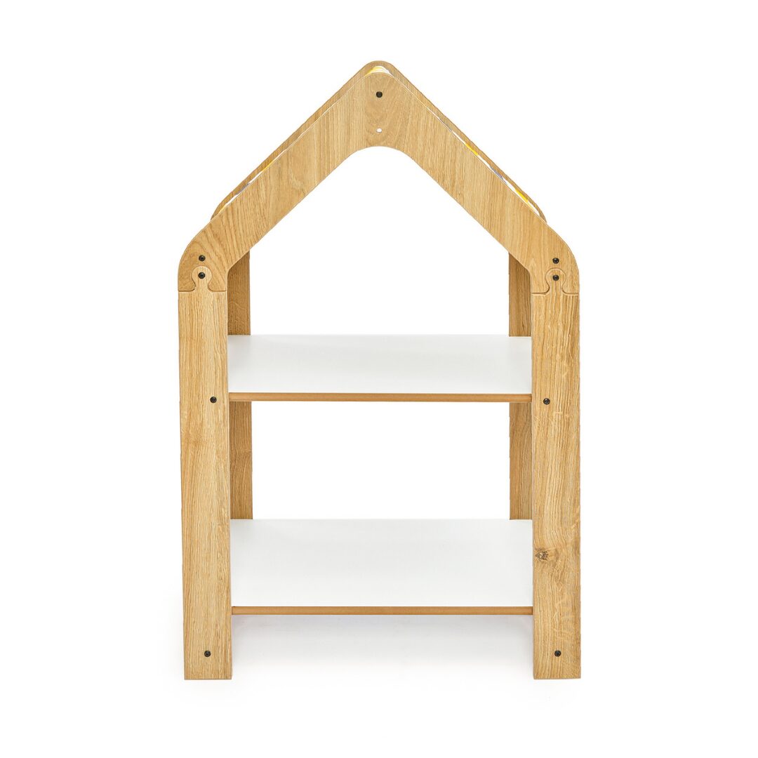 Huisjeskast met 2 niveaus van natuurhout | Montessori kinderboekenrek met stoffen dak - galeriefoto 2 | Cozy Collections