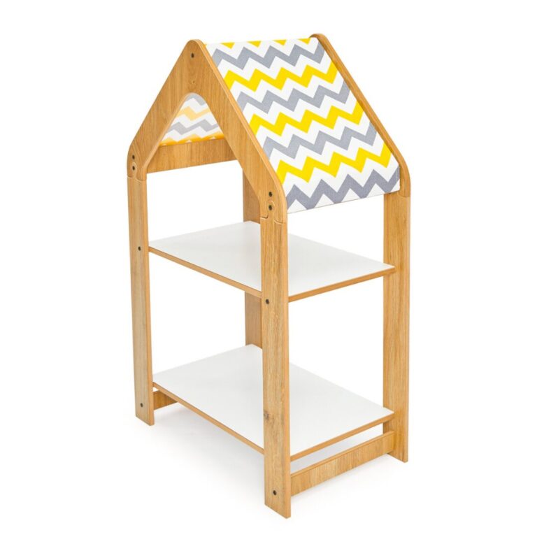 Étagère Maison 2 Niveaux en Bois Naturel – Bibliothèque Montessori Enfant avec Toit Textile | Cozy Collections