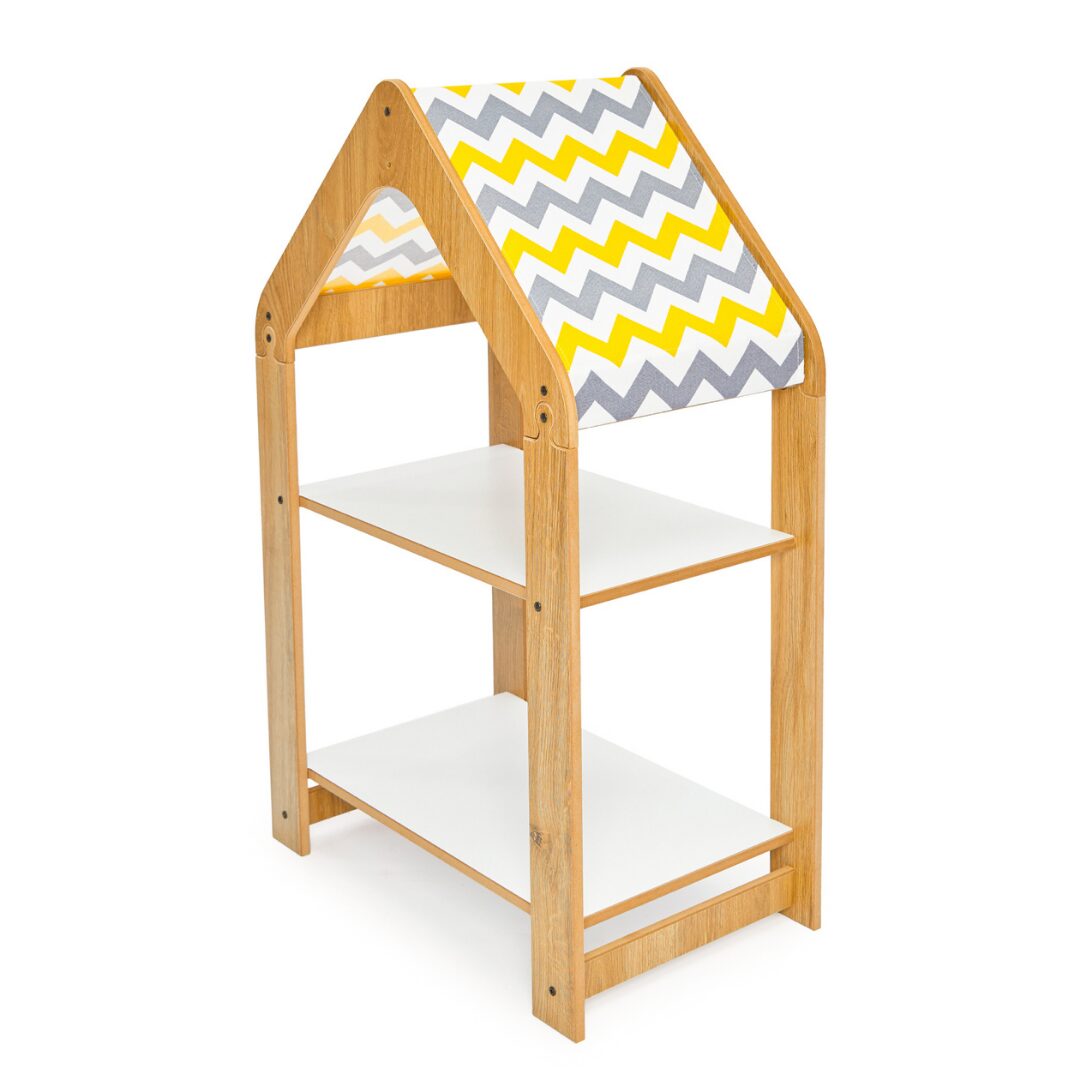 Huisjeskast met 2 niveaus van natuurhout | Montessori kinderboekenrek met stoffen dak - productafbeelding | Cozy Collections