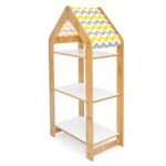 Huisjeskast met 3 niveaus van natuurhout en wit | Montessori boekenrek met geel chevrondak - productafbeelding | Cozy Collections