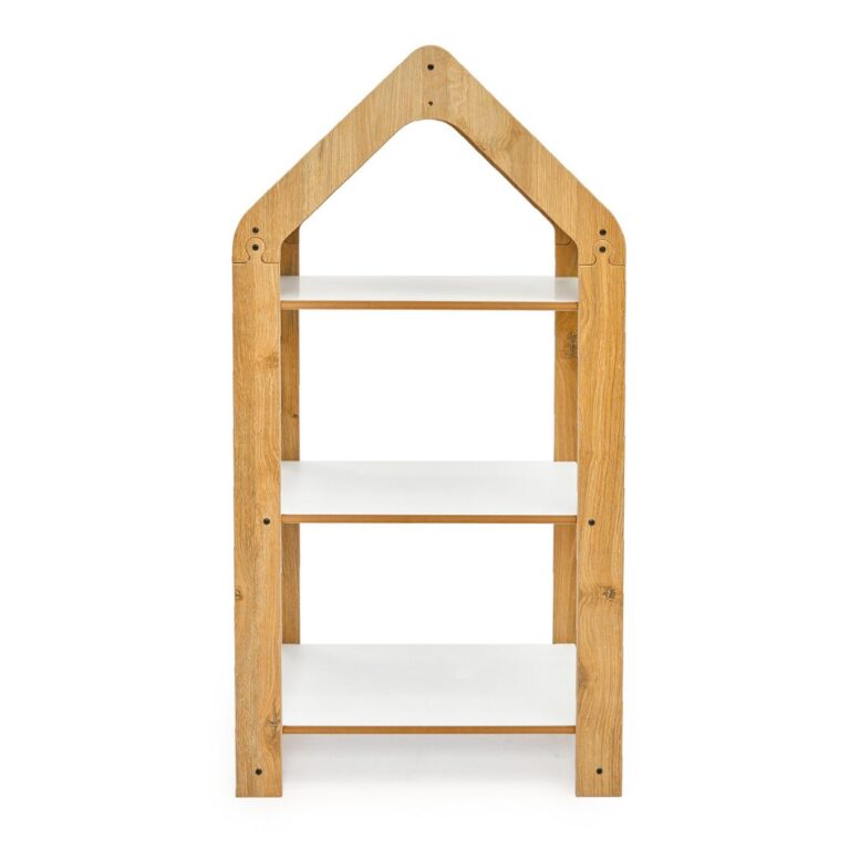 Huisjeskast met 3 niveaus van natuurhout en wit | Montessori boekenrek met geel chevrondak - galeriefoto 2 | Cozy Collections