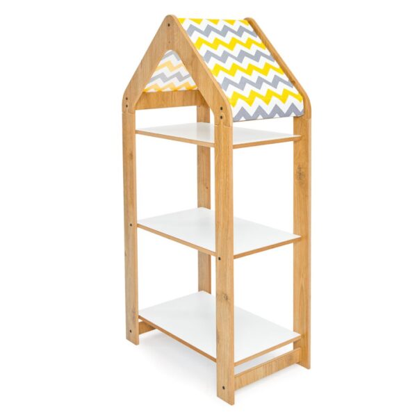 Huisjeskast met 3 niveaus van natuurhout en wit | Montessori boekenrek met geel chevrondak - productafbeelding | Cozy Collections
