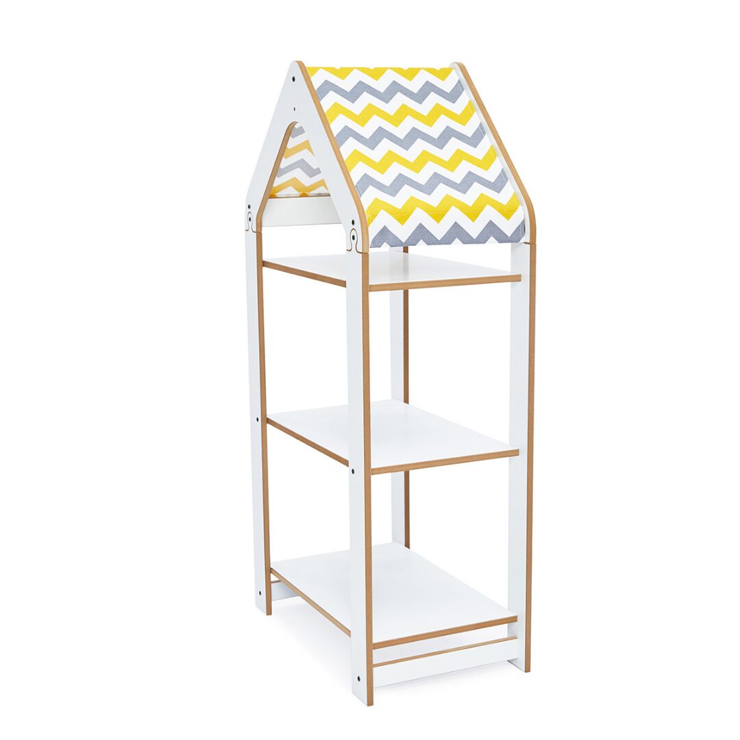 Hoge witte huisjeskast met 3 niveaus | Montessori boekenrek 100 cm met geel chevrondak - productafbeelding Hoge witte huisjeskast met 3 niveaus | Montessori boekenrek 100 cm met geel chevrondak - productafbeelding | Cozy Collections