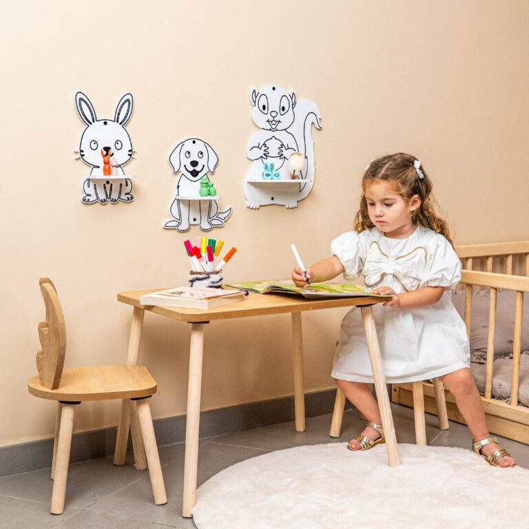 Étagère Murale Enfant 3 Animaux Mignons – Lapin Chien Écureuil en Bois Naturel | Cozy Collections