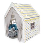 Maison de Jeu Enfant en Bois Blanc avec Tente Tissu – Cabane Montessori Jaune et Gris | Cozy Collections