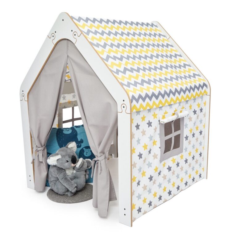 Maison de Jeu Enfant en Bois Blanc avec Tente Tissu – Cabane Montessori Jaune et Gris | Cozy Collections