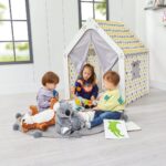 Maison de Jeu Enfant en Bois Blanc avec Tente Tissu – Cabane Montessori Jaune et Gris | Cozy Collections