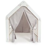 Maison de Jeu Enfant en Bois Blanc avec Tente Tissu – Cabane Montessori Jaune et Gris | Cozy Collections