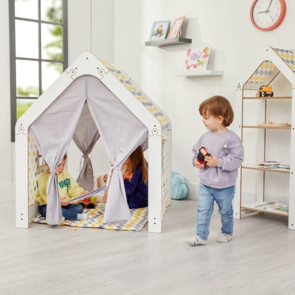 Maison de Jeu Enfant en Bois Blanc avec Tente Tissu – Cabane Montessori Jaune et Gris | Cozy Collections
