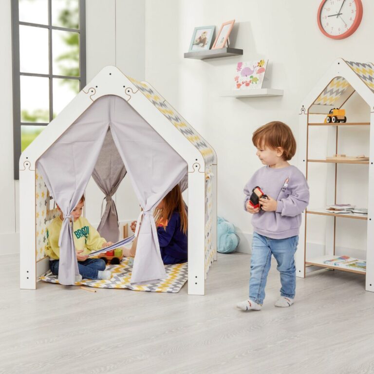 Maison de Jeu Enfant en Bois Blanc avec Tente Tissu – Cabane Montessori Jaune et Gris | Cozy Collections