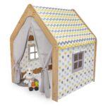 Houten kinderspeelhuis met stoffen tent | Montessori hut in geel en grijs - galeriefoto 1 | Cozy Collections