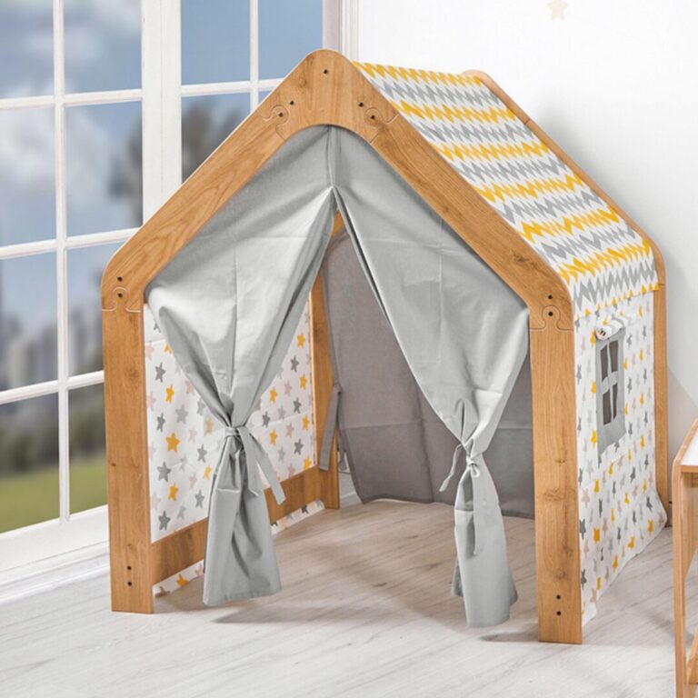 Houten kinderspeelhuis met stoffen tent | Montessori hut in geel en grijs - galeriefoto 2 | Cozy Collections