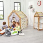 Houten kinderspeelhuis met stoffen tent | Montessori hut in geel en grijs - galeriefoto 3 | Cozy Collections