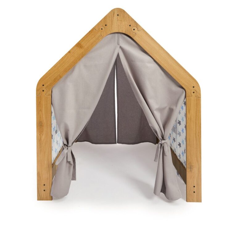 Houten kinderspeelhuis met blauw-grijze stoffen tent | Montessori sterrenhut - galeriefoto 1 | Cozy Collections