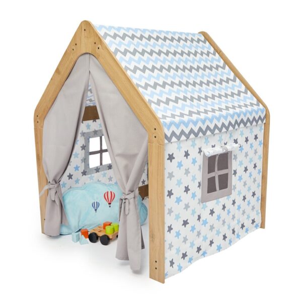 Houten kinderspeelhuis met blauw-grijze stoffen tent | Montessori sterrenhut - productafbeelding | Cozy Collections