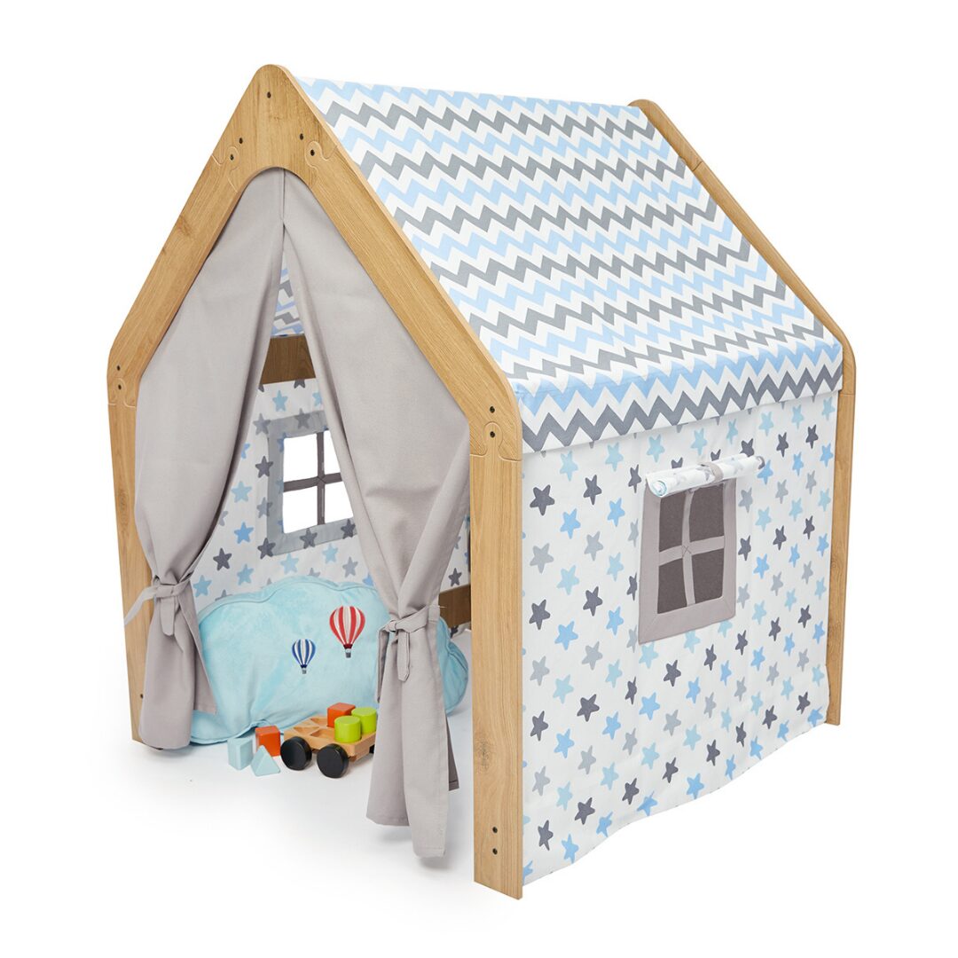 Houten kinderspeelhuis met blauw-grijze stoffen tent | Montessori sterrenhut - productafbeelding Houten kinderspeelhuis met blauw-grijze stoffen tent | Montessori sterrenhut - productafbeelding | Cozy Collections