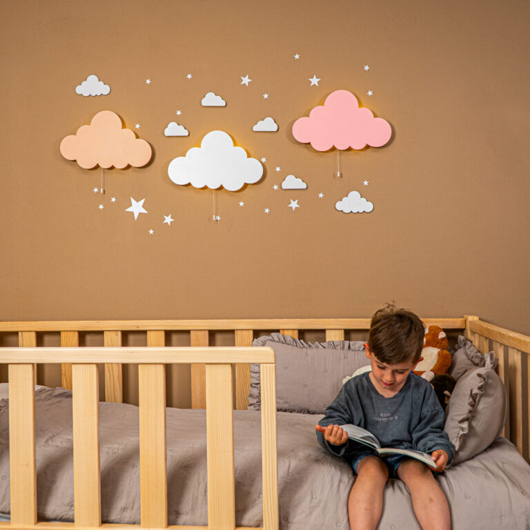LED-wandlamp wolk van handgeschilderd hout in 3 pastelkleuren - Set 3: roze + grijs + beige - productafbeelding | Cozy Collections