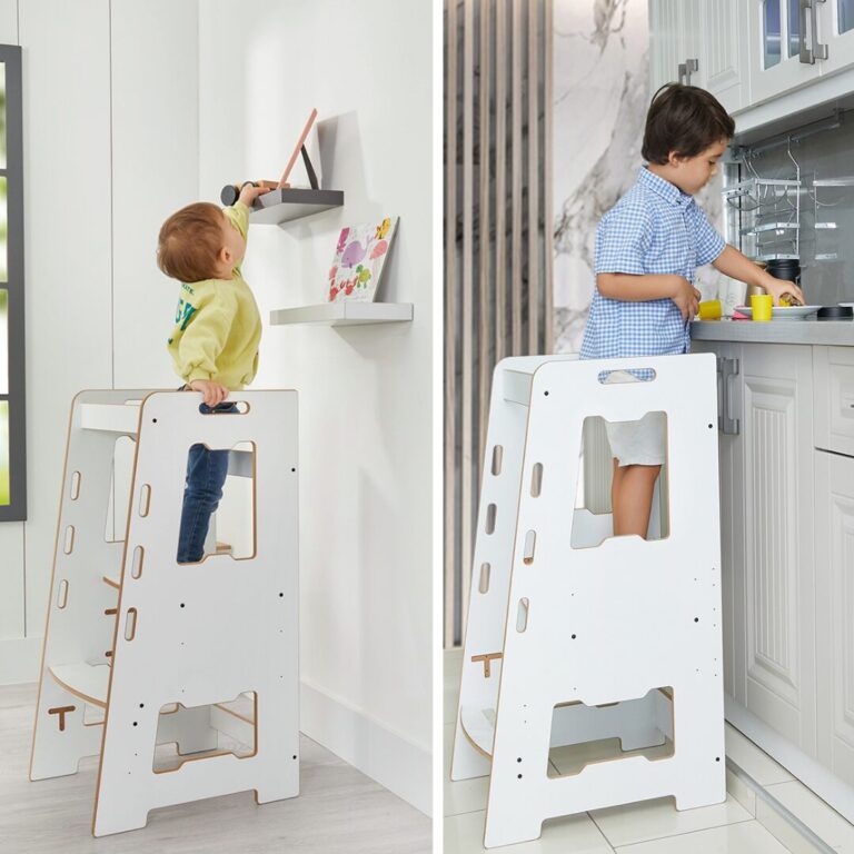 Tour d&rsquo;Apprentissage Montessori en Bois Blanc Complet – Marchepied Évolutif Réglable 2-6 Ans | Cozy Collections