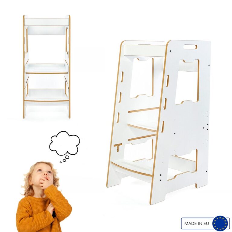 Tour d&rsquo;Apprentissage Montessori en Bois Blanc Complet – Marchepied Évolutif Réglable 2-6 Ans | Cozy Collections