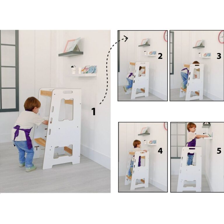 Tour d&rsquo;Apprentissage Montessori en Bois Blanc et Naturel – Marchepied Évolutif Réglable 2-6 Ans | Cozy Collections