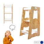 Montessori leertoren van natuurhout met witte platforms | Verstelbaar voor 2-6 jaar - productafbeelding | Cozy Collections