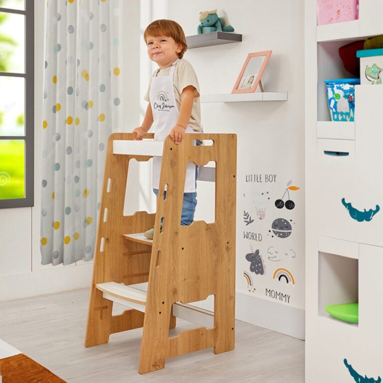 Tour d&rsquo;Apprentissage Montessori en Bois Naturel avec Plateformes Blanches – Marchepied Évolutif 2-6 Ans | Cozy Collections