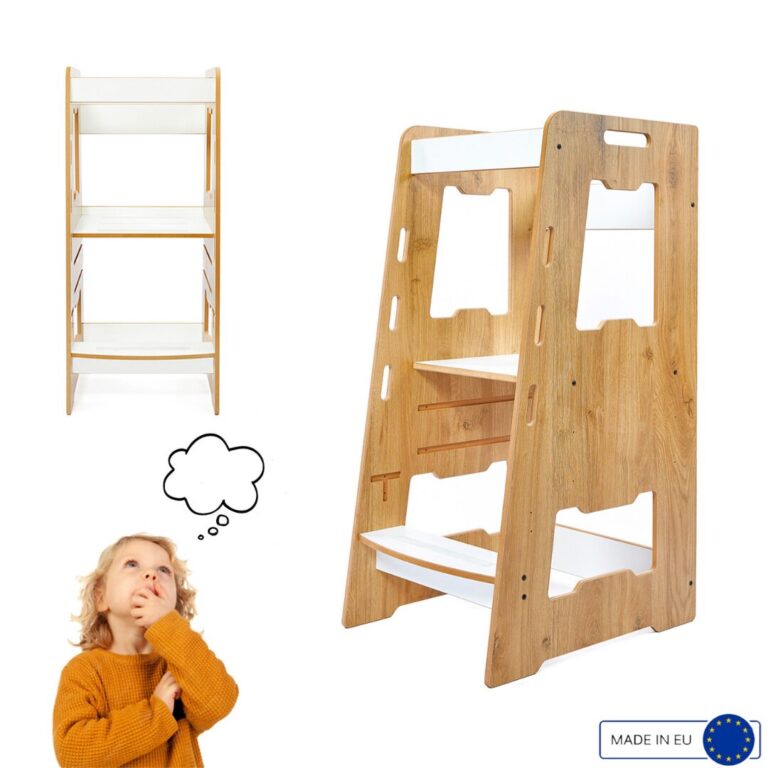 Tour d&rsquo;Apprentissage Montessori en Bois Naturel avec Plateformes Blanches – Marchepied Évolutif 2-6 Ans | Cozy Collections