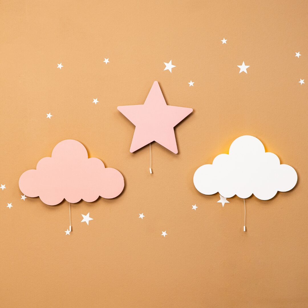 LED-wandlamp ster roze van natuurhout | Decoratieve kinderlamp - Trioset: ster + Witte wolk + Roze wolk - productafbeelding LED-wandlamp ster roze van natuurhout | Decoratieve kinderlamp - Trioset: ster + Witte wolk + Roze wolk - productafbeelding | Cozy Collections