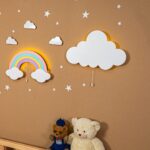 LED-wandlamp regenboog van handgeschilderd hout met wolken in 4 pastelkleuren - Set 1: Regenboog + Witte wolk - productafbeelding | Cozy Collections