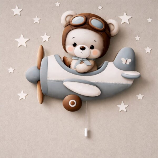 Veilleuse Murale Ours Pilote dans son Avion | LED Chambre Bébé | Cozy Collections