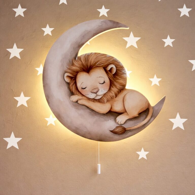 Veilleuse Murale LED Lion Endormi sur la Lune | Chambre Bébé | Lampe Décorative Chambre Enfant à Piles | Cozy Collections