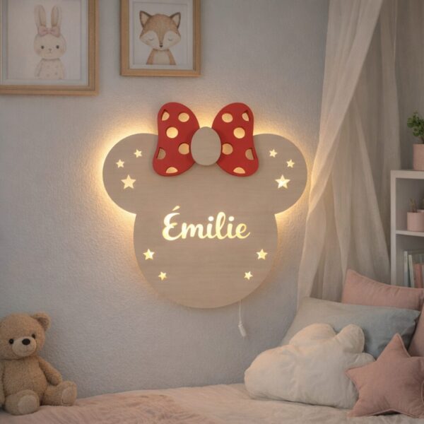 Veilleuse Murale Personnalisée avec Prénom LED en Bois | Lampe Chambre Bébé et Enfant avec Nœud | Cozy Collections