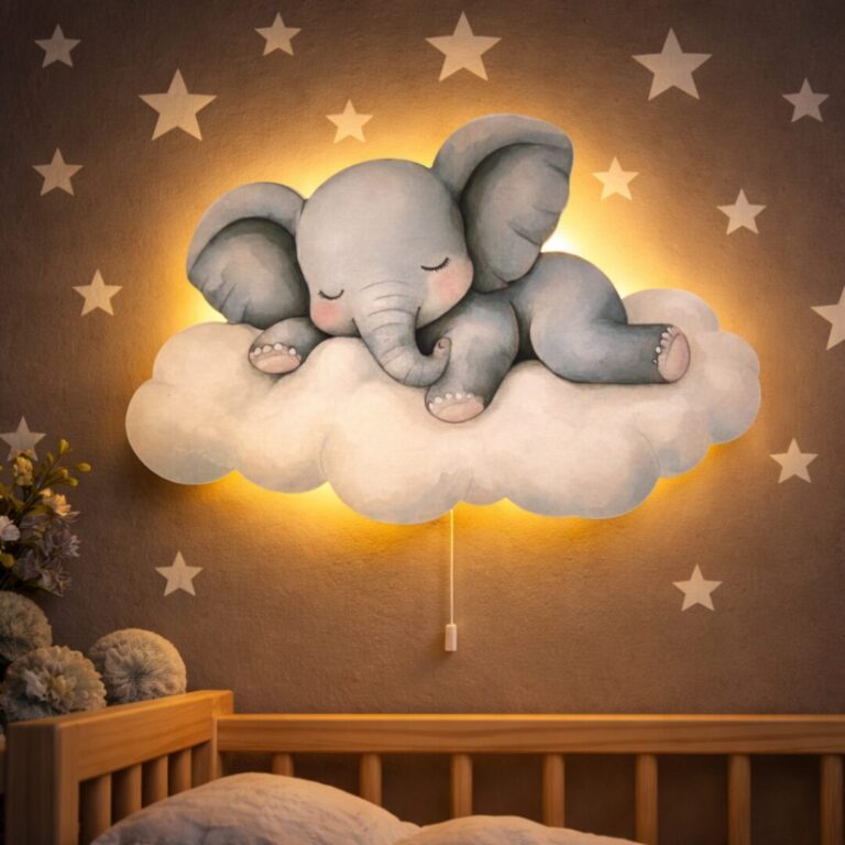 Veilleuse Murale Enfant Éléphant Endormi sur Nuage | Lampe LED Bébé | Cozy Collections