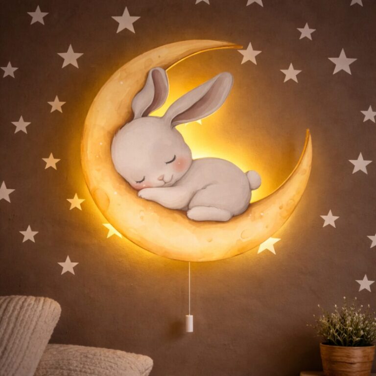 Veilleuse Murale Enfant Lapin Endormi sur la Lune | Chambre Bébé | Cozy Collections