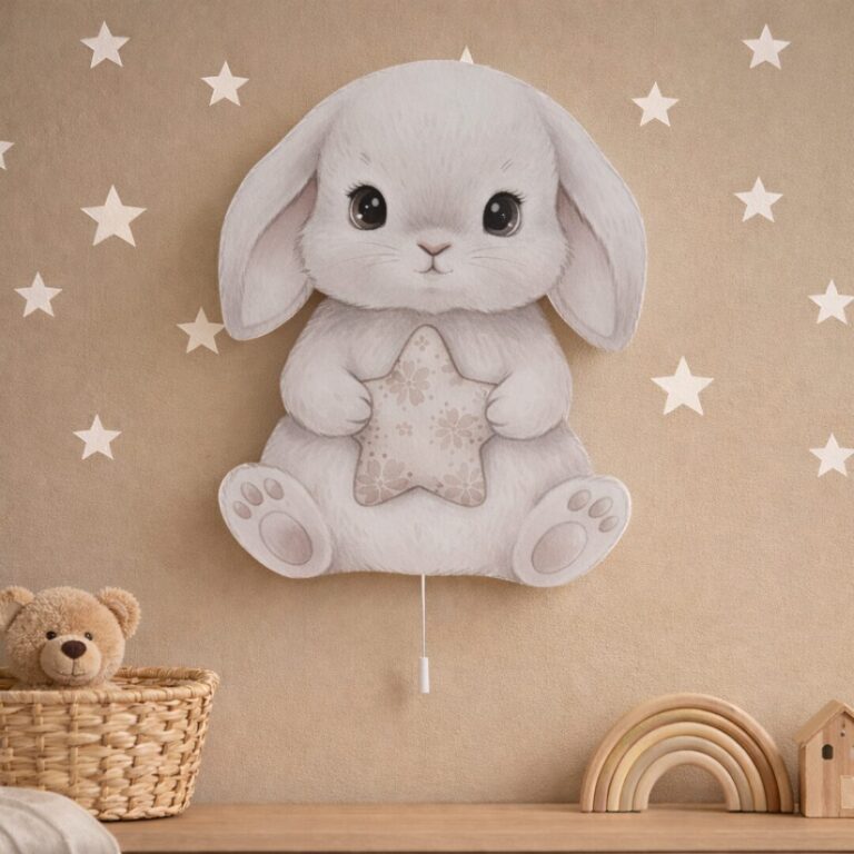 Veilleuse Murale Lapin Gris & Étoile LED | Chambre Bébé Enfant | Cozy Collections