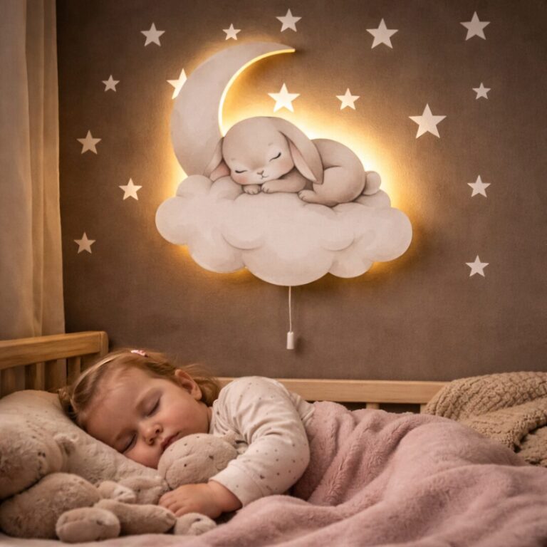 Veilleuse Murale Lapin Endormi Lune & Nuage | LED Chambre Bébé | Cozy Collections