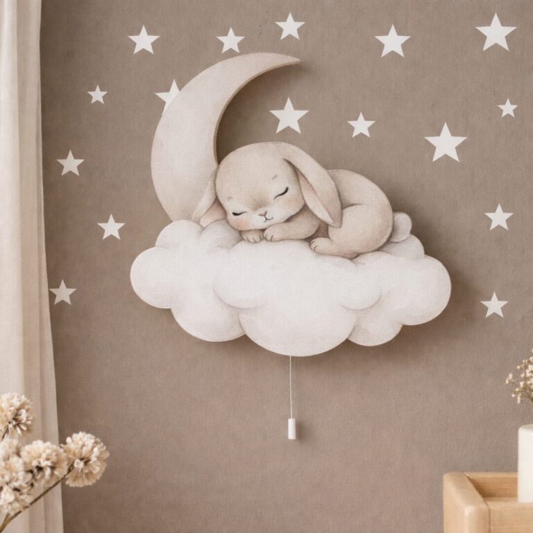 Veilleuse Murale Lapin Endormi Lune & Nuage | LED Chambre Bébé | Cozy Collections