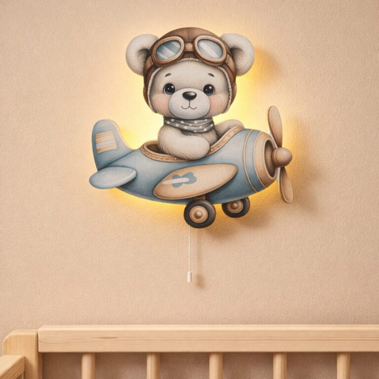Veilleuse Murale Ours Blanc Avion Aquarelle | LED Bébé Chambre | Cozy Collections